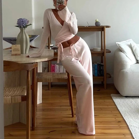 Women’s Vintage Lounge Set – 2-Piece V-Neck Tie T-Shirt & Elastic Waist Pants, Autumn Long Sleeve Crop Top Outfit