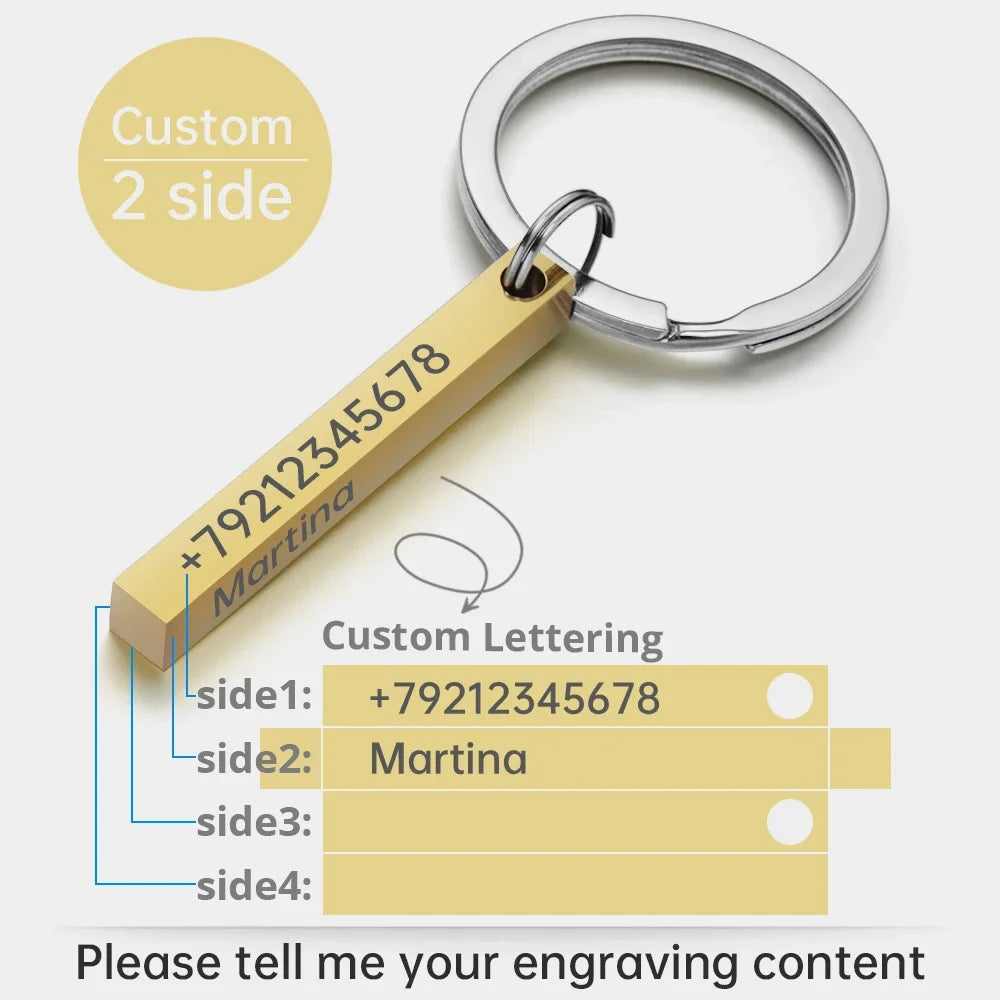 Personalized 3D Bar Keychain - Stainless Steel Engraved Name, Date or Logo Key Ring Gift P039