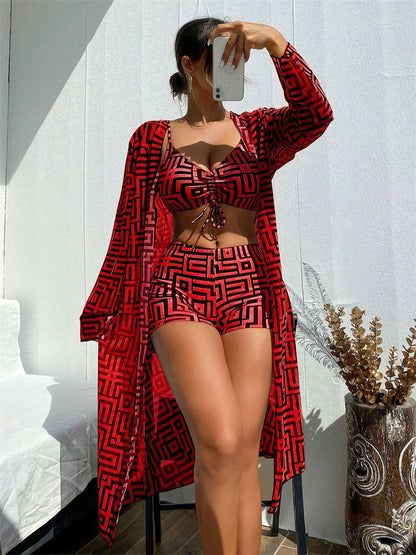 2026 Women’s Bikini Set – Lattice Sling Top with Sexy Boxer Shorts, Long Sleeve Summer Swimwear, Beach Bathing Suit