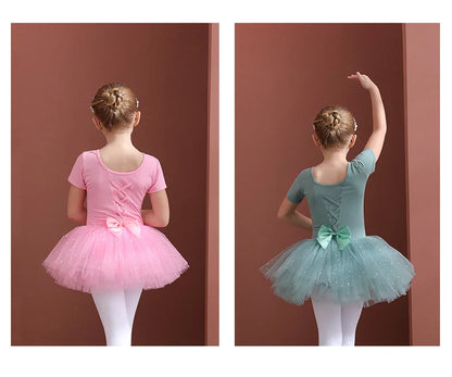 Girls Ballet Tutu Dress — Kids Short & Long Sleeve Tulle Leotard with Bowknot for Dance, Gymnastics & Party