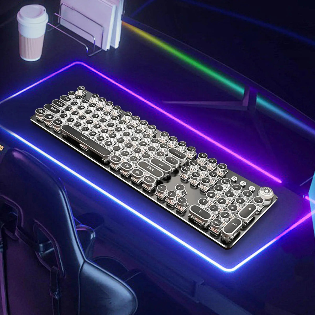 Steampunk Mechanical Gaming Keyboard - 104-Key Wired USB Keyboard with Black Switches & Round Retro Keycaps for PC & Office