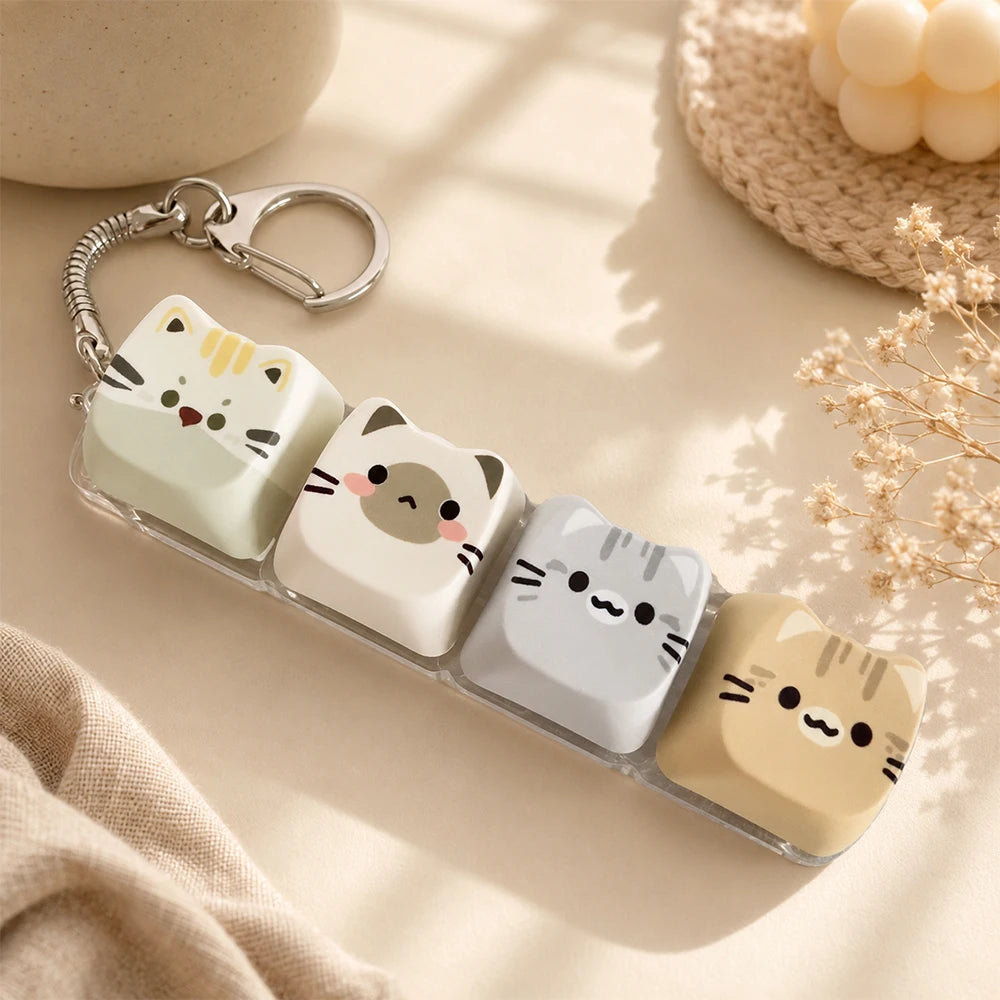 Cute Cat Relax Keycap Fidget Toy - Kawaii 4-Key Keyboard Keychain & Bag Charm Gift