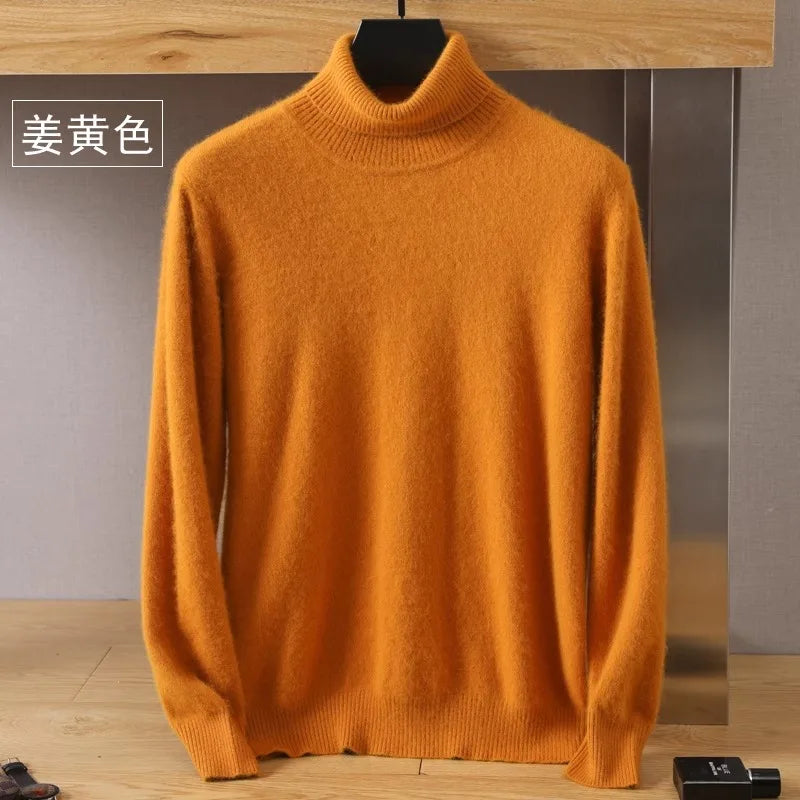 Men's Pure Mink Velvet Cashmere Sweater - High Lapel Long Sleeve Knitted Winter Luxury Pullover Top