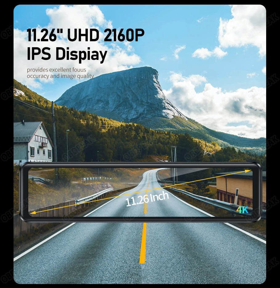 OBDPEAK K4 11.26" Rearview Mirror Dash Cam - 4K 3840x2160P, CarPlay, Android Auto, WIFI, GPS Navigation, Video Recorder