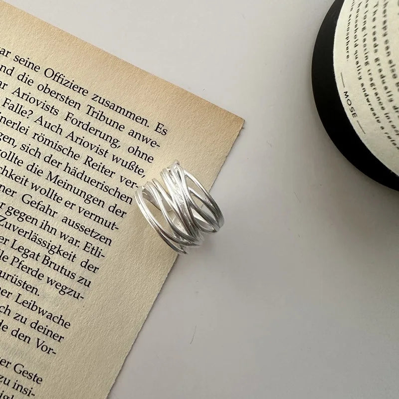 925 Sterling Silver Open Ring — Handmade Geometric Irregular Cross Lines for Women