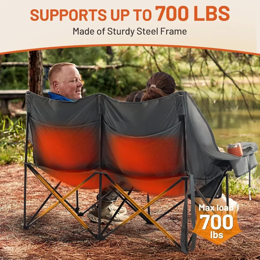Heated Double Camping Chair – 700 lbs Heavy-Duty Outdoor Folding Camp Couch with Comfort & Durability