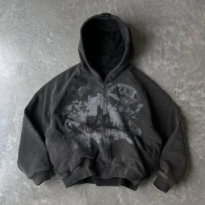 Unisex Gothic Punk Hooded Cardigan – British Harajuku Star Patch Embroidery Oversized Bat Sleeve Jacket