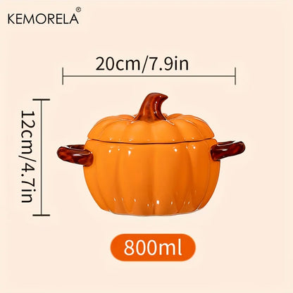 Halloween Pumpkin Ceramic Bowl – Oven-Safe Casserole with Lid & Handles for Thanksgiving