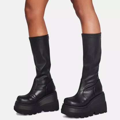 2024 Women’s Platform Mid-Calf Boots – Elastic Microfiber Chunky Heel Black Goth Spring & Autumn Shoes