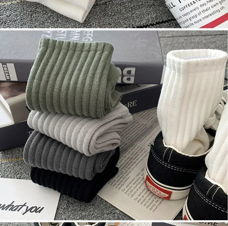 5 Pairs Cool Men's Socks Set – Black & White, Warm Autumn/Winter Sport Short Socks, Solid Color for Men