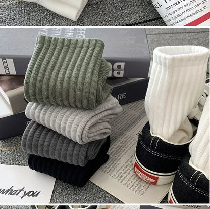 5 Pairs Cool Men's Socks Set – Black & White, Warm Autumn/Winter Sport Short Socks, Solid Color for Men