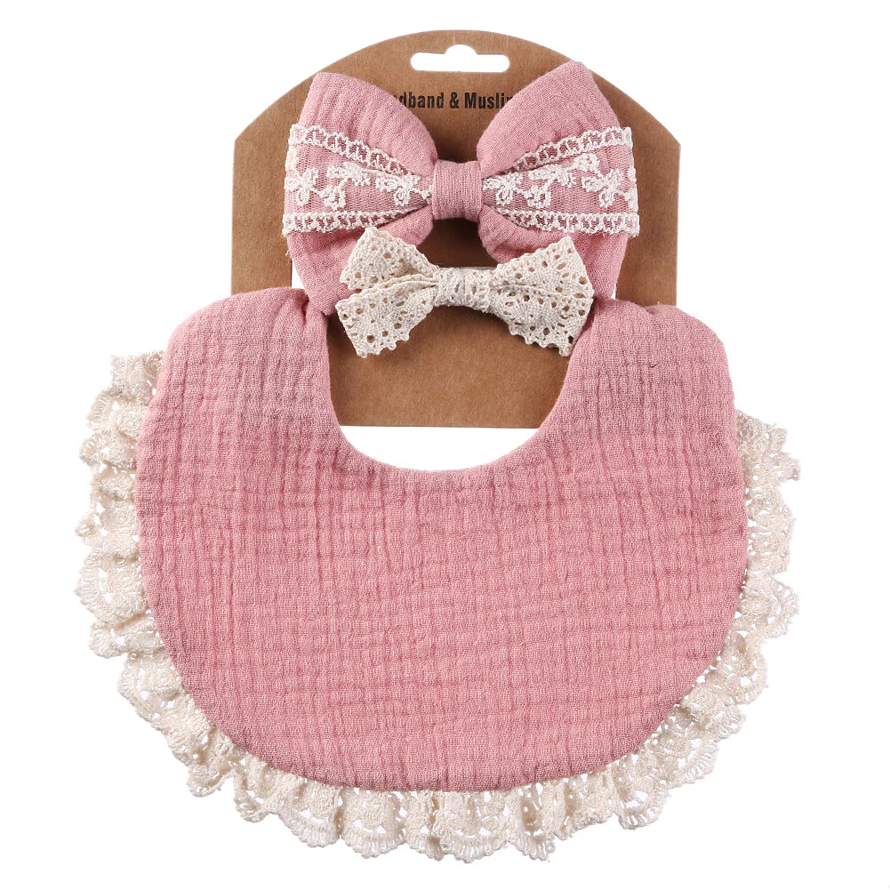 3PCS Baby Bib Set – Solid Muslin Cotton & Bamboo Feeding Drool Burp Cloth with Tassel Lace, Adjustable Infant Scarf for Boys & Girls
