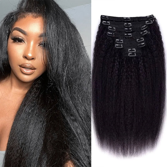 Kinky Straight Clip-In Hair Extensions – 100% Real Human Hair, Natural Black, 8 Pcs/120g, Full Head Brazilian Remy