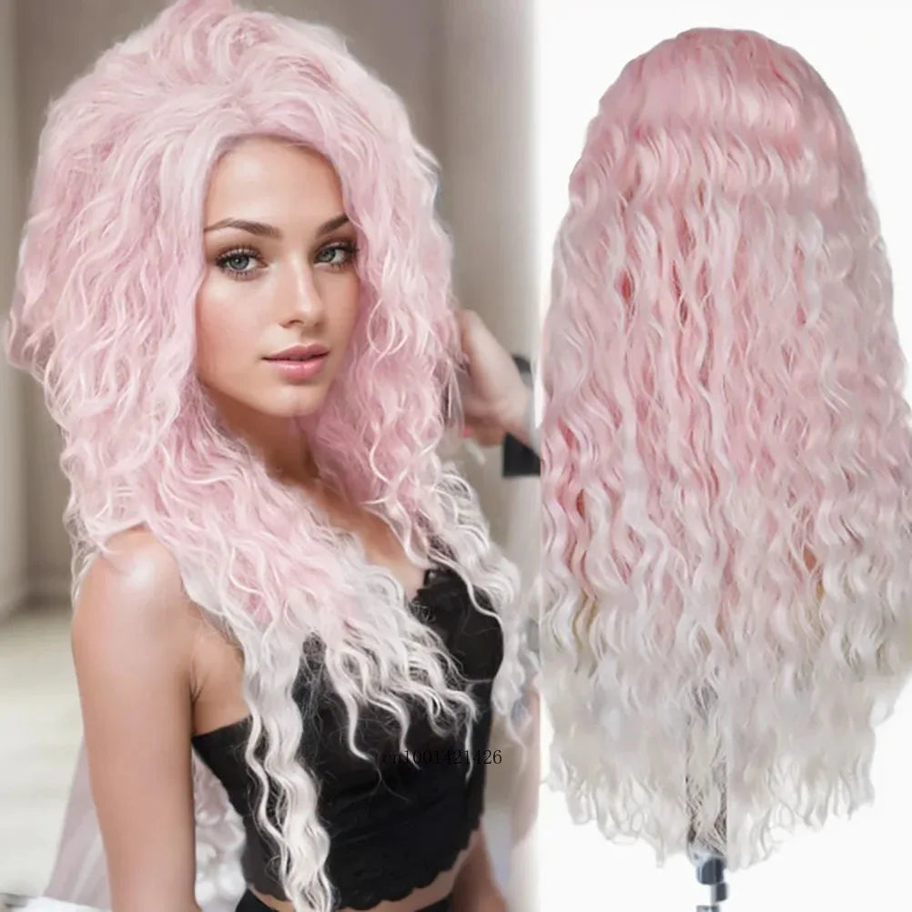 Ash Blonde Synthetic Wig – 26" Long Curly Ombre Hair, Fluffy Wave Wig for Women, Costume & Party Wig