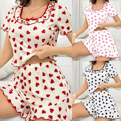 Women’s Love Print Pajama Set – Summer Square Neck Short Sleeve T-Shirt & Shorts Loungewear Sleepwear Set