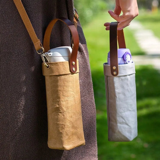 Kraft Paper Water Bottle Carrier Bag - Washable Insulated Pouch Holder with Shoulder Strap for Outdoor Travel