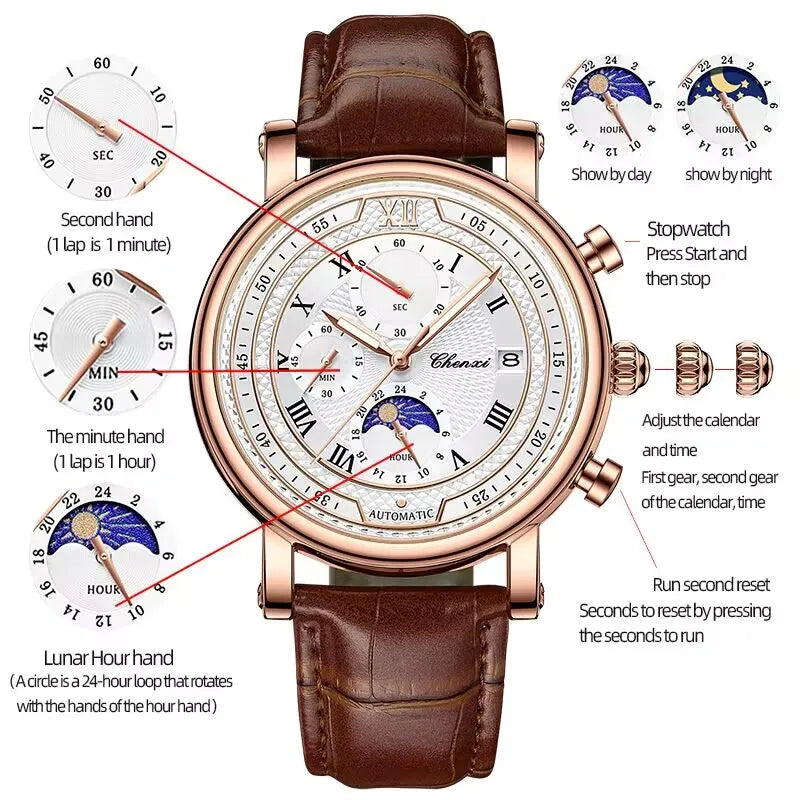 Chenxi 976 Men’s Leather Chronograph Watch – Phase of the Moon, Luminous Quartz Date Timepiece, Business Reloj para Hombres