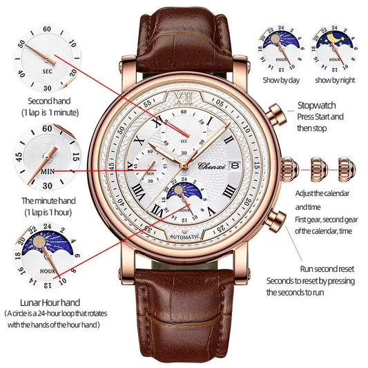 Chenxi 976 Men’s Leather Chronograph Watch – Phase of the Moon, Luminous Quartz Date Timepiece, Business Reloj para Hombres