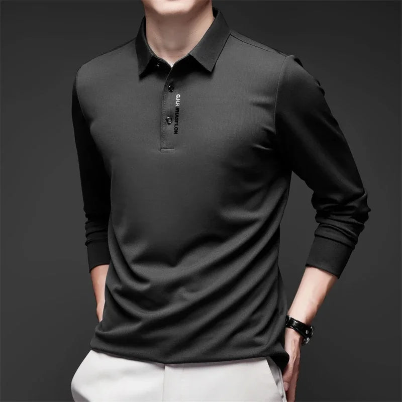 Men's Business Casual Polo Shirt - Long Sleeve Solid Color Top with Badge Detail