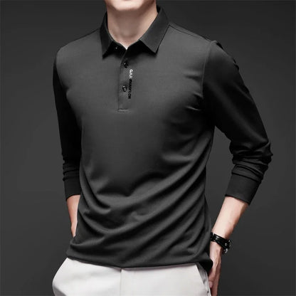 Men's Business Casual Polo Shirt - Long Sleeve Solid Color Top with Badge Detail