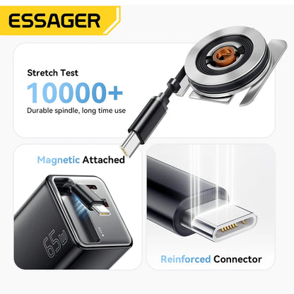 Essager 65W GaN Fast Charger – Retractable USB-C Cable PD Charging Adapter for Laptops, MacBook, iPhone 16/15/14, and Xiaomi Devices