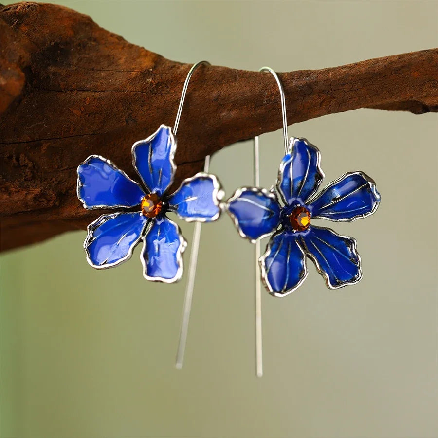 Retro Blue Oil Drop Earrings - European Style Long Hook Holiday Jewelry for Women