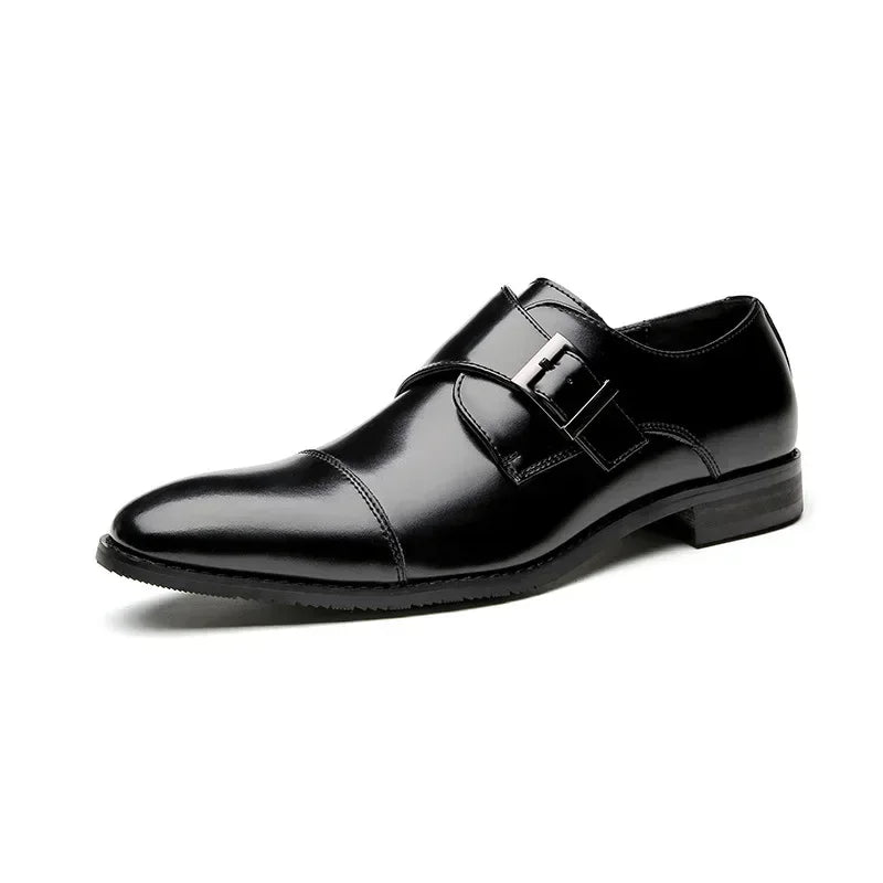 Men’s Genuine Cow Leather Monk Strap Shoes - Single Buckle Cap Toe Business & Wedding Dress Shoes