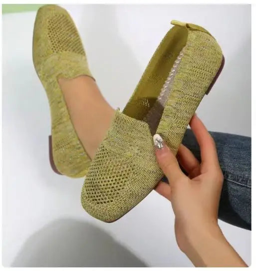 Solid Color Square Toe Mesh Loafers – Women’s Casual Slip-On Ballet Flats, Soft Bottom Knit Boat Shoes