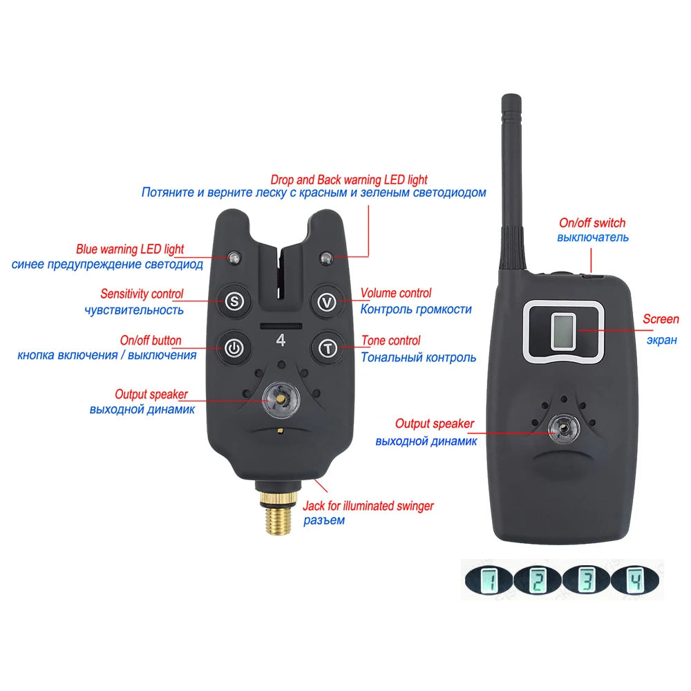 Wireless Fishing Bite Alarm 1+4 Set - Includes 4 Illuminated Swingers in EVA Case, Ideal for Carp Fishing B1203S