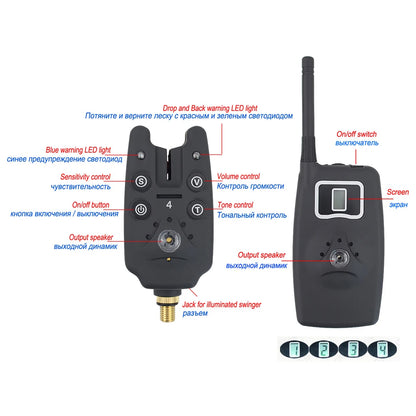Wireless Fishing Bite Alarm 1+4 Set - Includes 4 Illuminated Swingers in EVA Case, Ideal for Carp Fishing B1203S