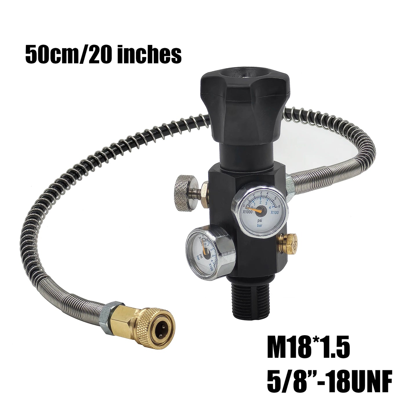 HPA Compressed Air Tank Charging Valve – Scuba Filling Station Hose with Gauge (20in, M18x1.5 or 5/8"-18UNF, 4500Psi/300Bar)