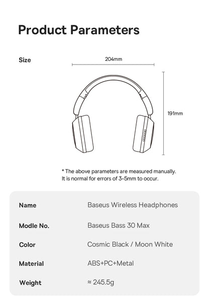Baseus Bass 30 Max Wireless Headset - Bluetooth 5.3, Over-Ear Headphones, Bass-Enhancing 40mm Diaphragm, Ultra Low Latency, 50H Playtime