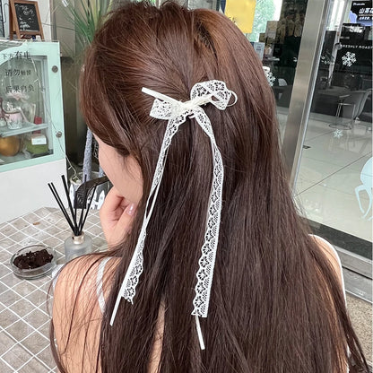 Korean Lace Cream White Bow Ribbon Hair Clip – Bullet Style Side Shredded Hairpin, Headpiece for Women, New Headwear