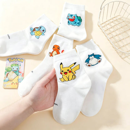 5 Pairs Women's Pokemon Cartoon Socks - Cute Cotton Mid-Calf Crew Socks with Colorful Graffiti Prints