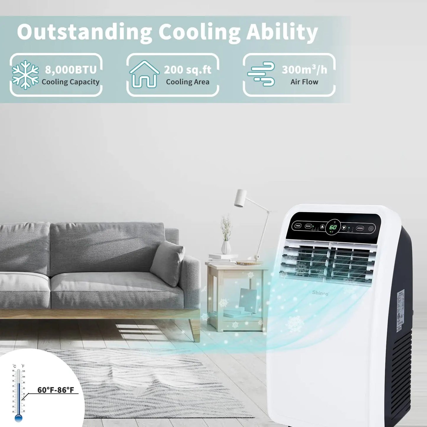 Shinco 8,000 BTU Portable Air Conditioner | AC with Cool, Dehumidifier & Fan for Rooms up to 200 sq.ft