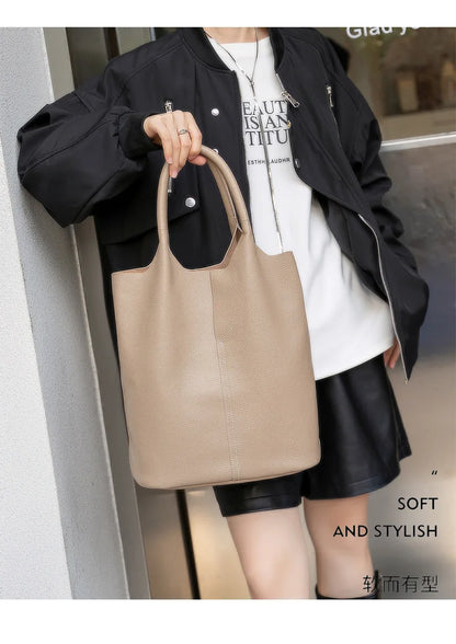 Genuine Leather Women’s Commuter Tote Bag — Soft Cowhide Shoulder Handbag, Large Capacity Bucket Bag, 2025 New
