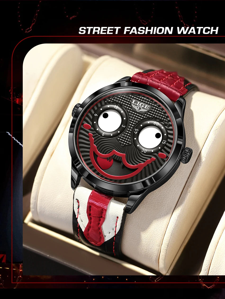 LIGE 2025 Men’s Creative Clown Quartz Watch – Waterproof Leather Strap Joker Fashion Wristwatch