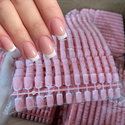 120pcs Pink French Press On Nails - Glossy Short Square Coffin Full Cover Acrylic Nail Tips