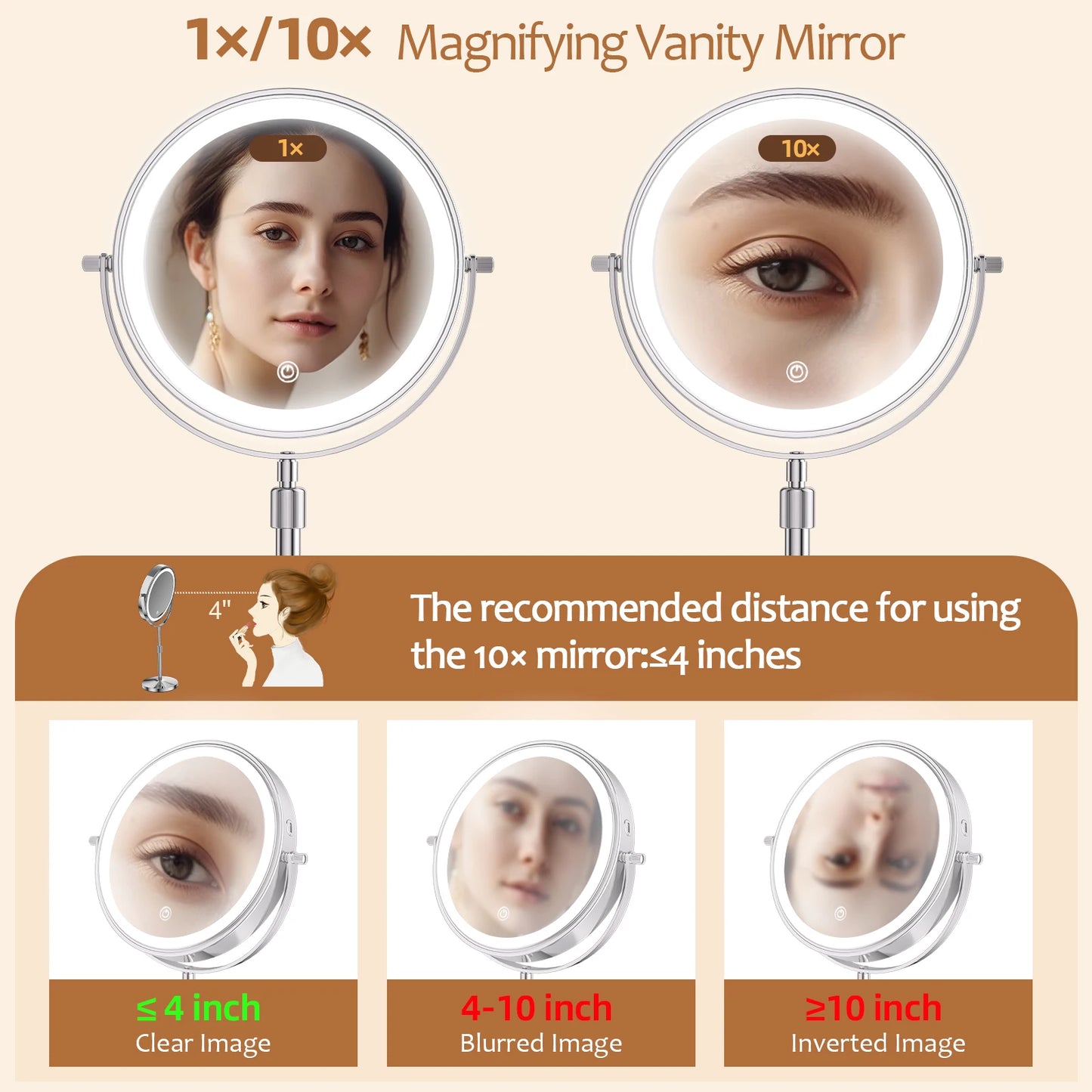 8-Inch Makeup Mirror with Light – 10X Magnification, 3 Color LED, Adjustable Brightness & Height Standing Cosmetic Mirror