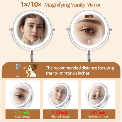 8-Inch Makeup Mirror with Light – 10X Magnification, 3 Color LED, Adjustable Brightness & Height Standing Cosmetic Mirror