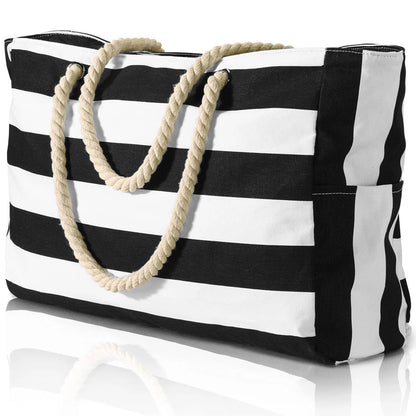 Striped Waterproof Canvas Beach Bag – Zippered Foldable Tote for Outdoor Travel and Vacation, Sand-Resistant Design