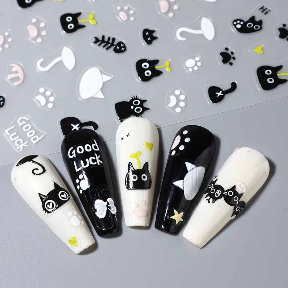 2PCS 3D Black Cat Nail Stickers - Cute Cartoon Self-Adhesive Nail Art Decals for Manicure