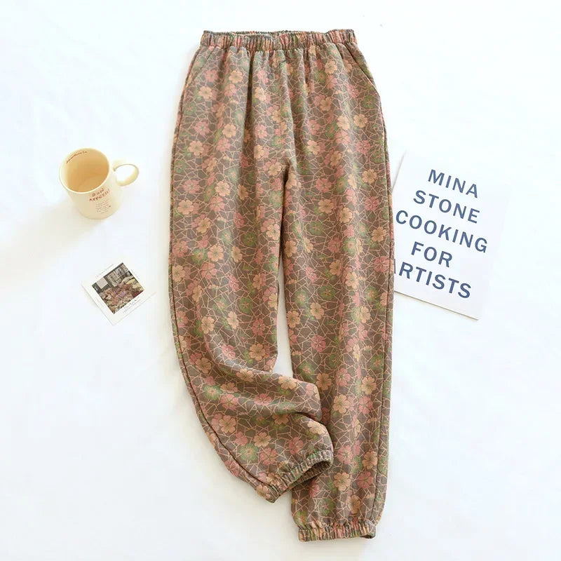 2025 Spring Summer Women's Pajama Pants – 100% Cotton Crepe Loose Fit Leaf Print Home Wear Bottoms