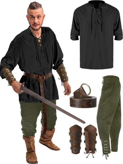 Jiuguva 4-Pcs Halloween Men's Renaissance Costume Set – Medieval Pirate Shirt, Ankle Banded Pants & Viking Belt Accessories