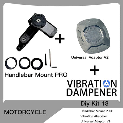 Motorcycle Handlebar Stem Fork Phone Mount — Vibration Dampener with MAG Universal Adapter, Wireless Charger & Mirror Brake Compatible