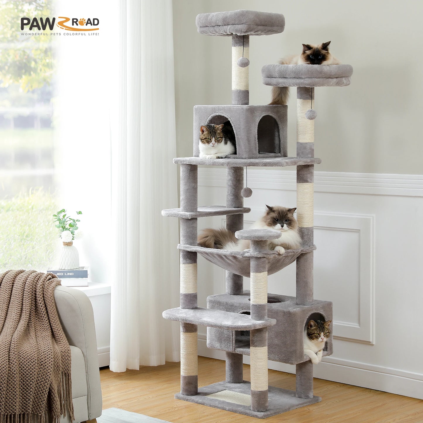 Large Cat Tree Tower – Multi-Level Plush Indoor Cat Condo with Scratching Posts, Boards, Perches & Caves