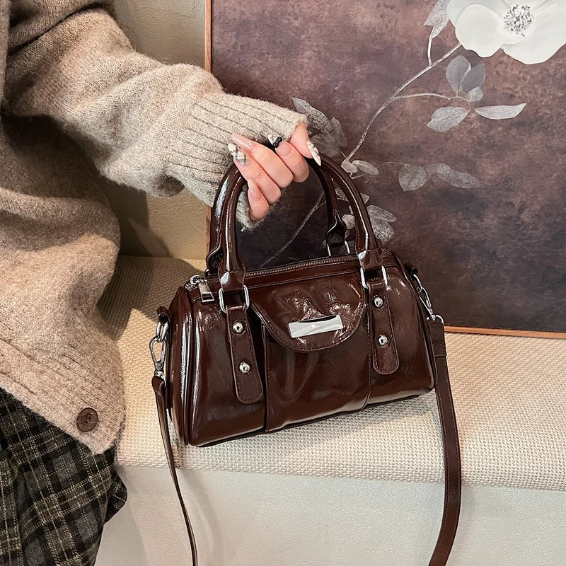 Burgundy Mini Top-Handle Bag for Women — PU Leather Shoulder & Crossbody Handbag 2024 Luxury Designer
