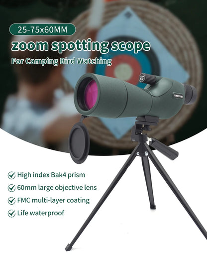 25–75x60 Zoom Spotting Scope – ED Lens Bak4 Prism Monocular Telescope for Bird Watching & Camping