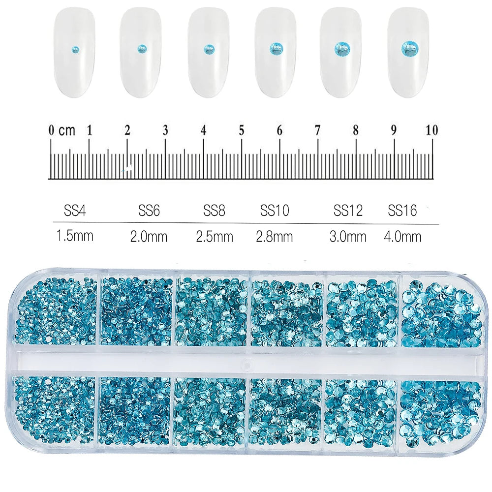 12-Grid 3D Glass AB Crystal Nail Art Rhinestones Kit – Flatback Round Beads with Tools for Nail Jewelry & Diamond Decoration