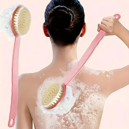 Soft Loofah & Bristle Bath Brush - Long Curved Handle Shower Scrubber for Body, Face & Spa Cleansing